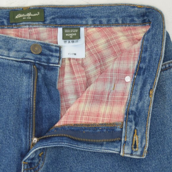 Eddie Bauer Wide Leg Raw Hem Red Plaid Flannel-Lined Women's Jeans Cotton 12 32 - Picture 5 of 14
